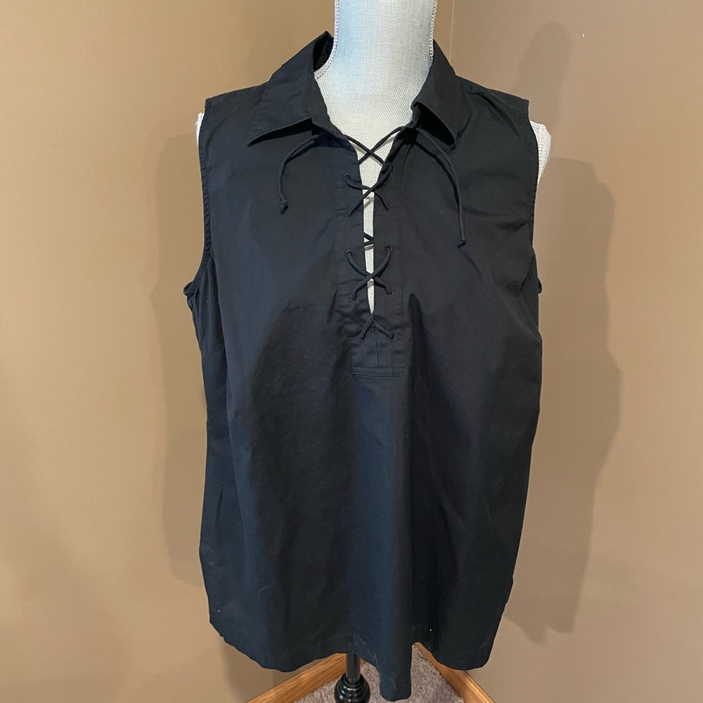 Lauren Ralph Lauren Black Sleeveless Lace-Up Collared Top